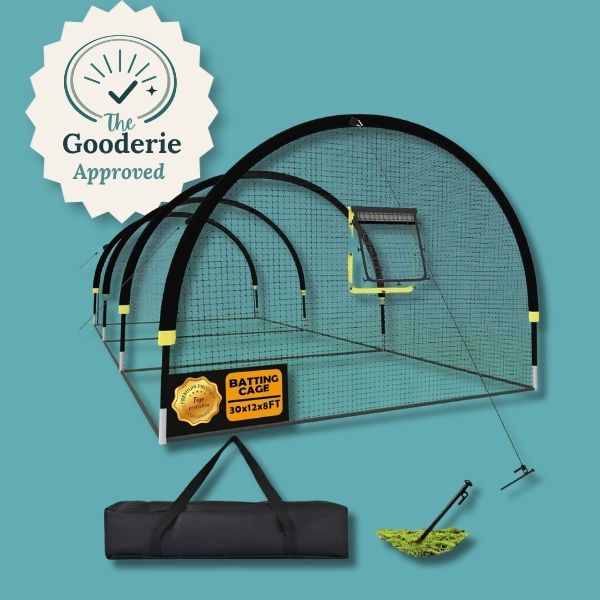 Best batting cage baseball net on teal background with The Gooderie approved stamp
