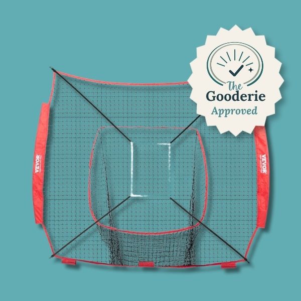Best budget baseball net on teal background with The Gooderie approved stamp