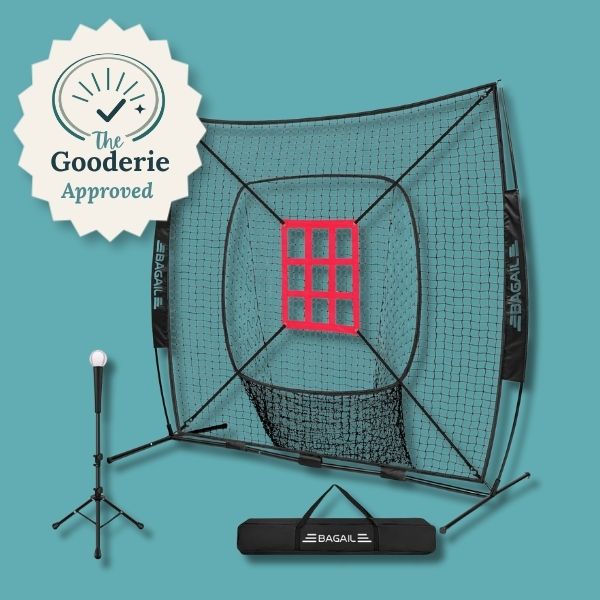 Best overall baseball net on teal background with The Gooderie approved stamp
