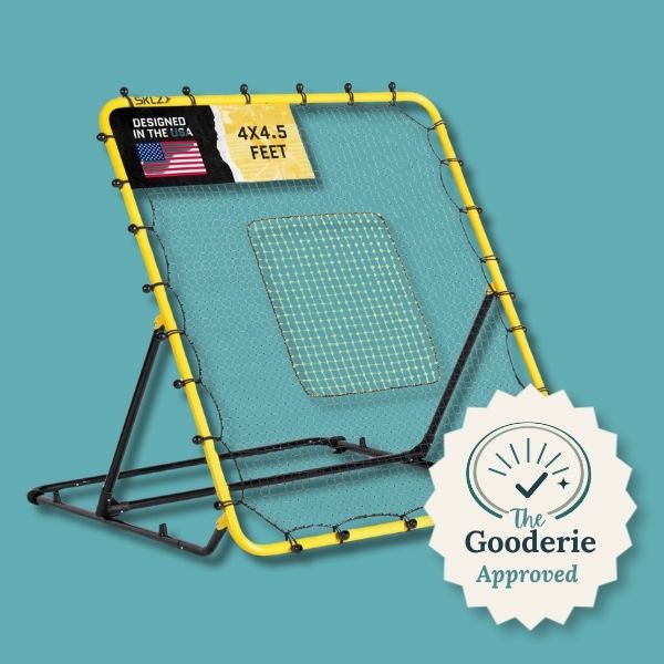 Best rebounder baseball net on teal background with The Gooderie approved stamp