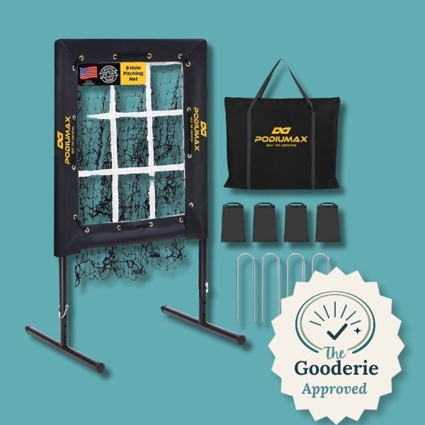 Best for pitching baseball net on teal background with The Gooderie approved stamp